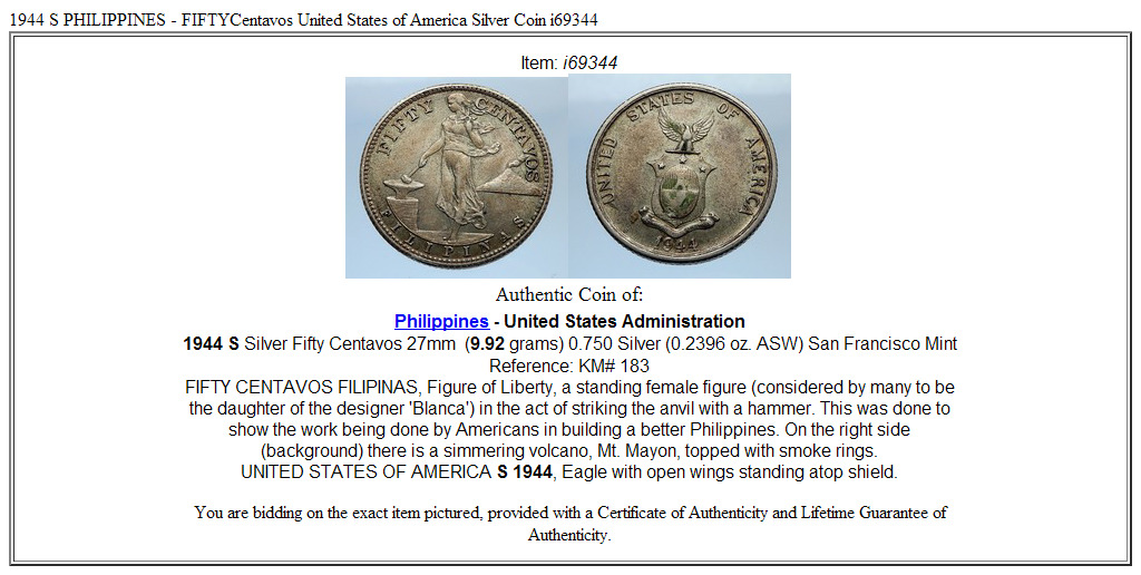 1944 S PHILIPPINES - FIFTYCentavos United States of America Silver Coin i69344