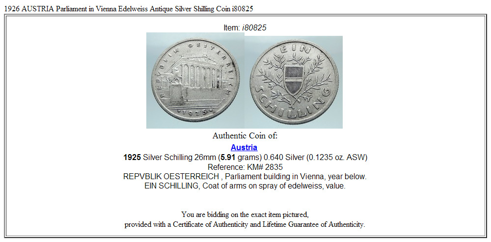 1926 AUSTRIA Parliament in Vienna Edelweiss Antique Silver Shilling Coin i80825