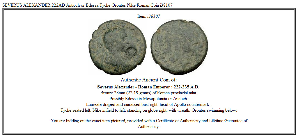 SEVERUS ALEXANDER 222AD Antioch or Edessa Tyche Orontes Nike Roman Coin i38107