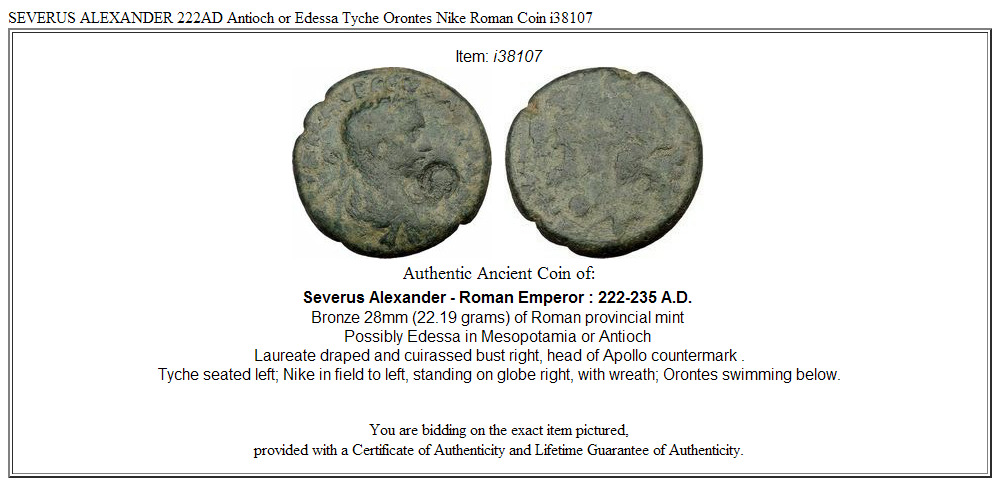 SEVERUS ALEXANDER 222AD Antioch or Edessa Tyche Orontes Nike Roman Coin i38107