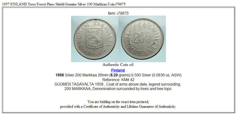 1957 FINLAND Trees Forest Pines Shield Genuine Silver 100 Markkaa Coin i79675