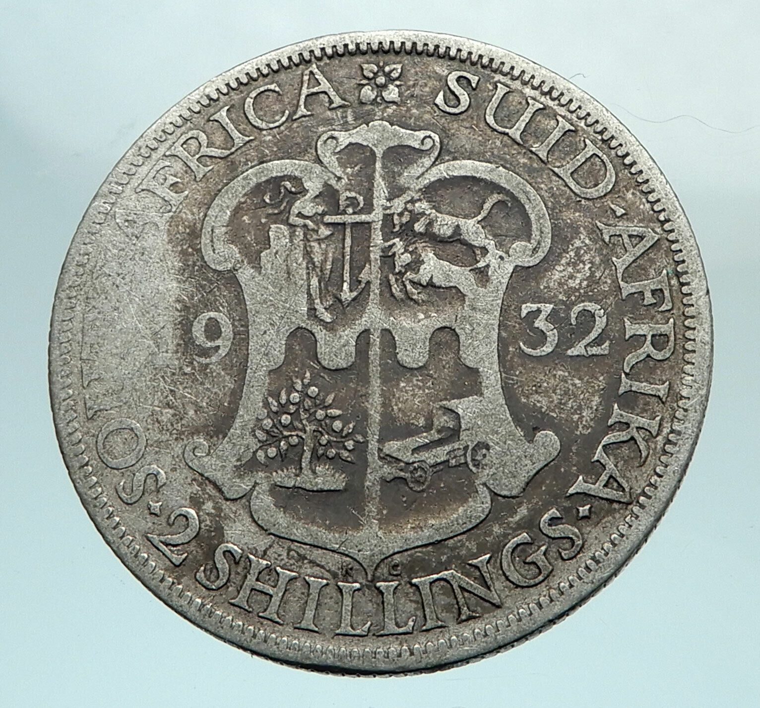 1932 SOUTH AFRICA under UK King GEORGE V Genuine Silver 2 Shillings Coin i79660