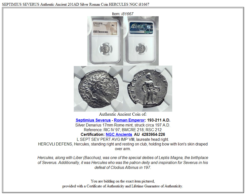 SEPTIMIUS SEVERUS Authentic Ancient 201AD Silver Roman Coin HERCULES NGC i81667