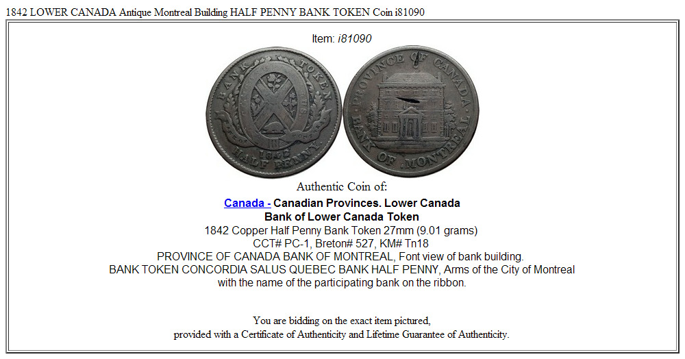 1842 LOWER CANADA Antique Montreal Building HALF PENNY BANK TOKEN Coin i81090