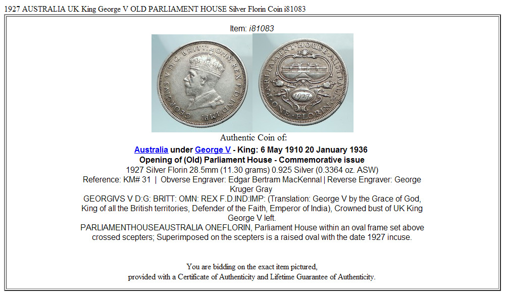 1927 AUSTRALIA UK King George V OLD PARLIAMENT HOUSE Silver Florin Coin i81083