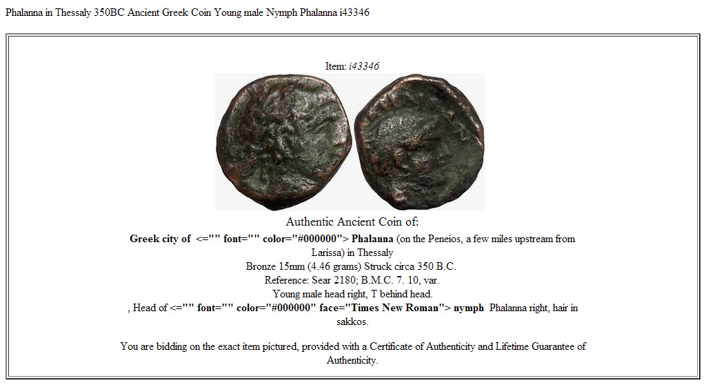 Phalanna in Thessaly 350BC Ancient Greek Coin Young male Nymph Phalanna i43346