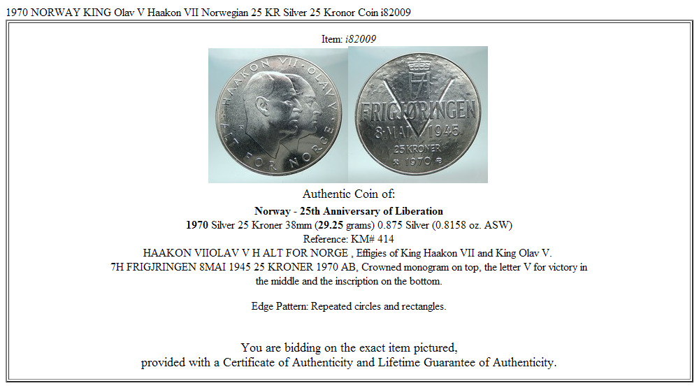 1970 NORWAY KING Olav V Haakon VII Norwegian 25 KR Silver 25 Kronor Coin i82009