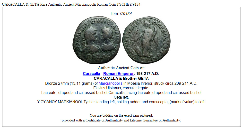 CARACALLA & GETA Rare Authentic Ancient Marcianopolis Roman Coin TYCHE i79134