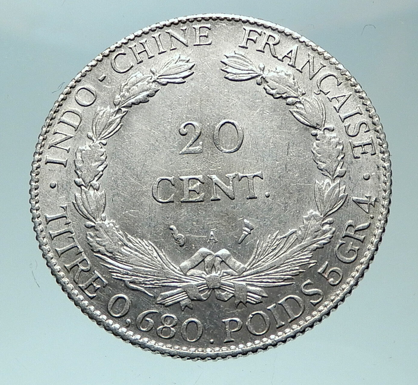 1921 A FRENCH INDO-CHINA Genuine OLD Silver 20 Cent Coin France Republic i82036