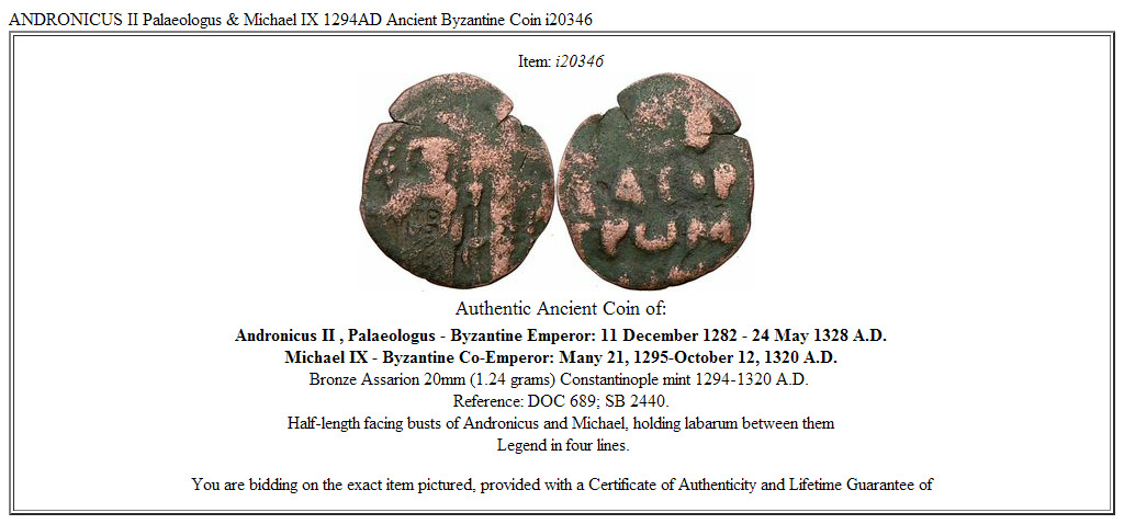 ANDRONICUS II Palaeologus & Michael IX 1294AD Ancient Byzantine Coin i20346