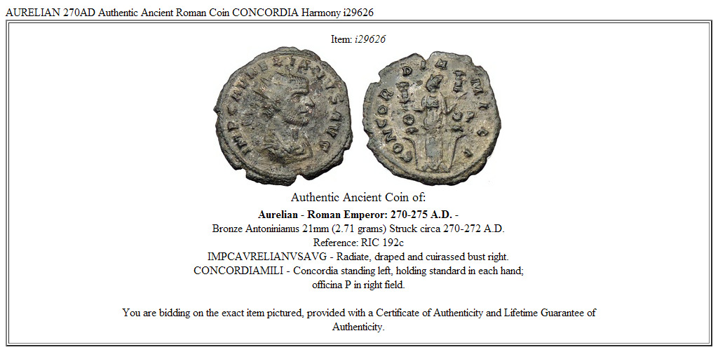 AURELIAN 270AD Authentic Ancient Roman Coin CONCORDIA Harmony i29626