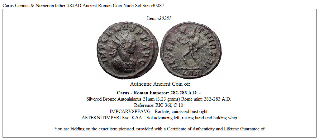 Carus Carinus & Numerian father 282AD Ancient Roman Coin Nude Sol Sun i30287