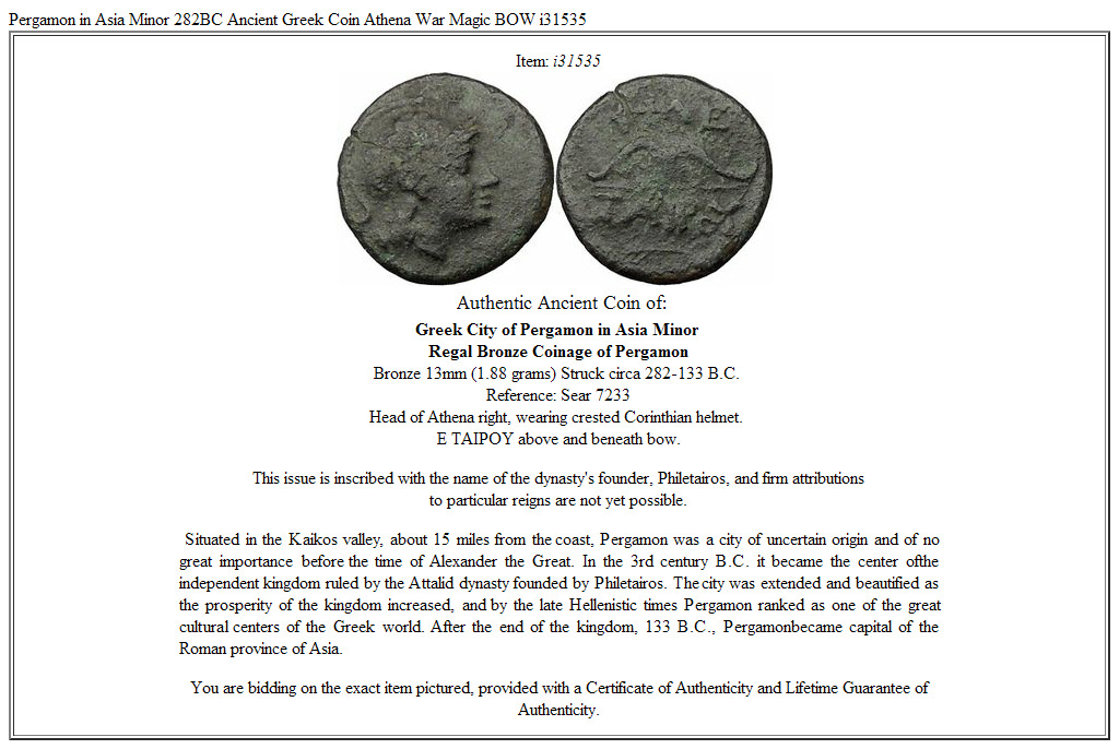 Pergamon in Asia Minor 282BC Ancient Greek Coin Athena War Magic BOW i31535