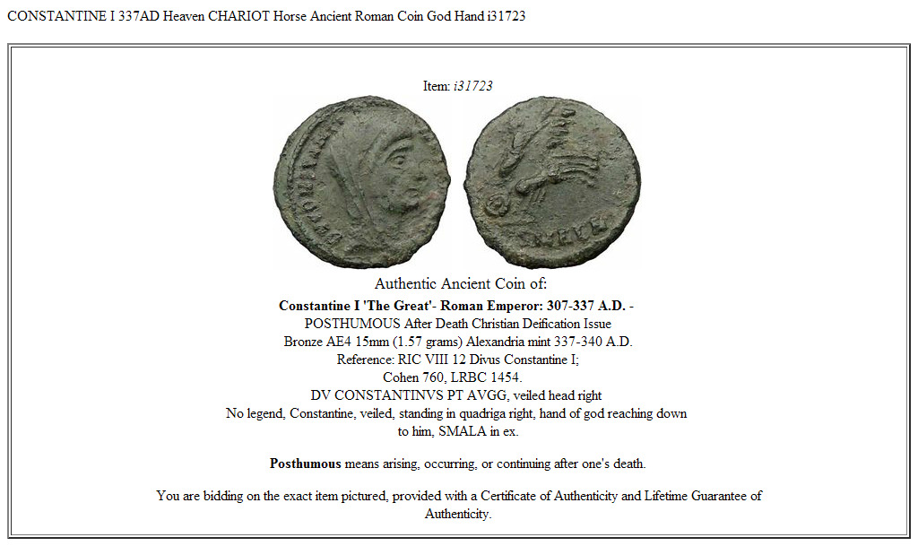CONSTANTINE I 337AD Heaven CHARIOT Horse Ancient Roman Coin God Hand i31723