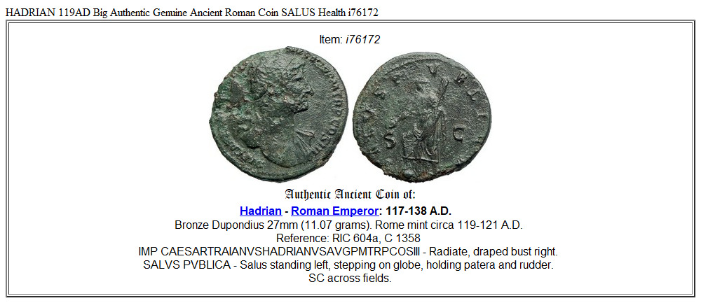 HADRIAN 119AD Big Authentic Genuine Ancient Roman Coin SALUS Health i76172
