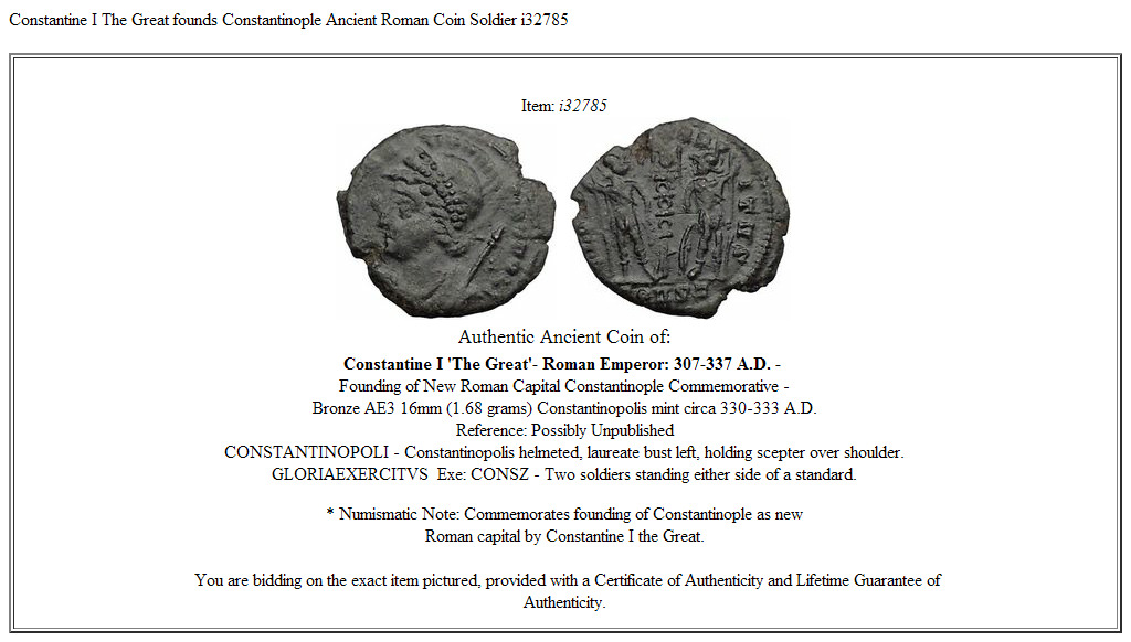 Constantine I The Great founds Constantinople Ancient Roman Coin Soldier i32785
