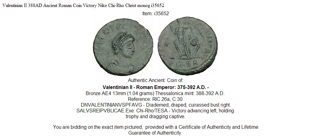 Valentinian II 388AD Ancient Roman Coin Victory Nike Chi-Rho Christ monog i35652