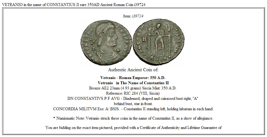 VETRANIO in the name of CONSTANTIUS II rare 350AD Ancient Roman Coin i39724