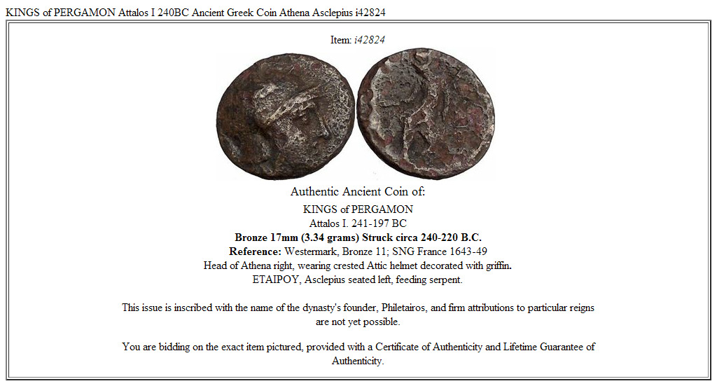 KINGS of PERGAMON Attalos I 240BC Ancient Greek Coin Athena Asclepius i42824