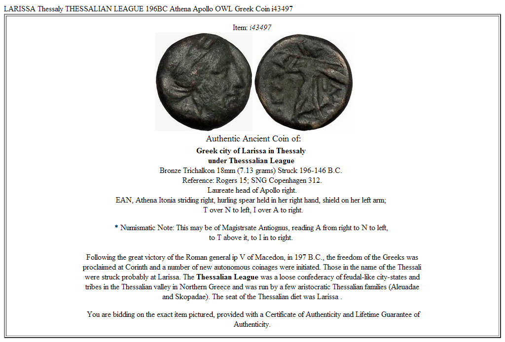 LARISSA Thessaly THESSALIAN LEAGUE 196BC Athena Apollo OWL Greek Coin i43497