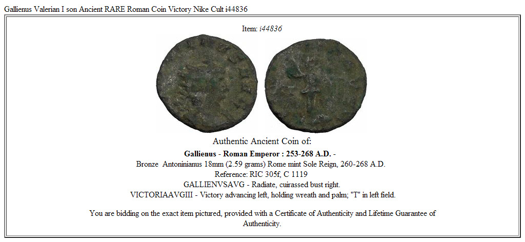 Gallienus Valerian I son Ancient RARE Roman Coin Victory Nike Cult i44836