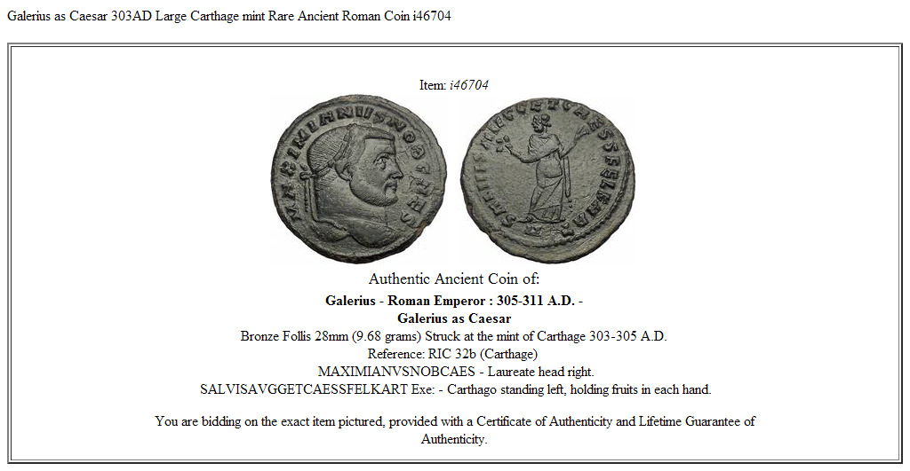 Galerius as Caesar 303AD Large Carthage mint Rare Ancient Roman Coin i46704