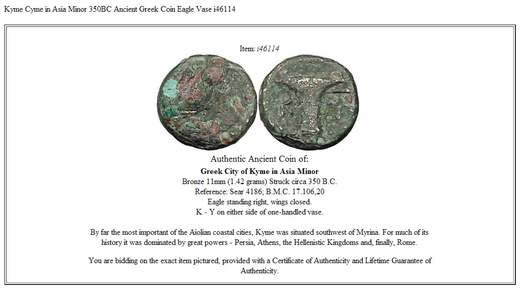 Kyme Cyme in Asia Minor 350BC Ancient Greek Coin Eagle Vase i46114