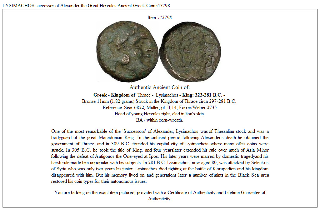 LYSIMACHOS successor of Alexander the Great Hercules Ancient Greek Coin i45798