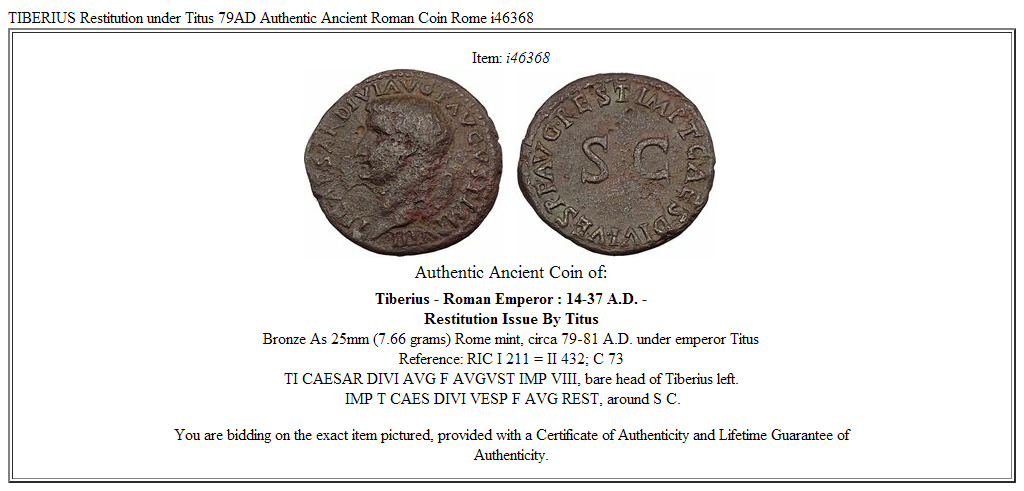 TIBERIUS Restitution under Titus 79AD Authentic Ancient Roman Coin Rome i46368