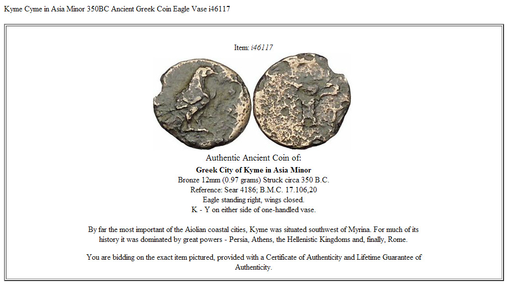 Kyme Cyme in Asia Minor 350BC Ancient Greek Coin Eagle Vase i46117
