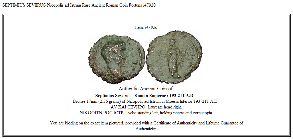 SEPTIMIUS SEVERUS Nicopolis ad Istrum Rare Ancient Roman Coin Fortuna i47920
