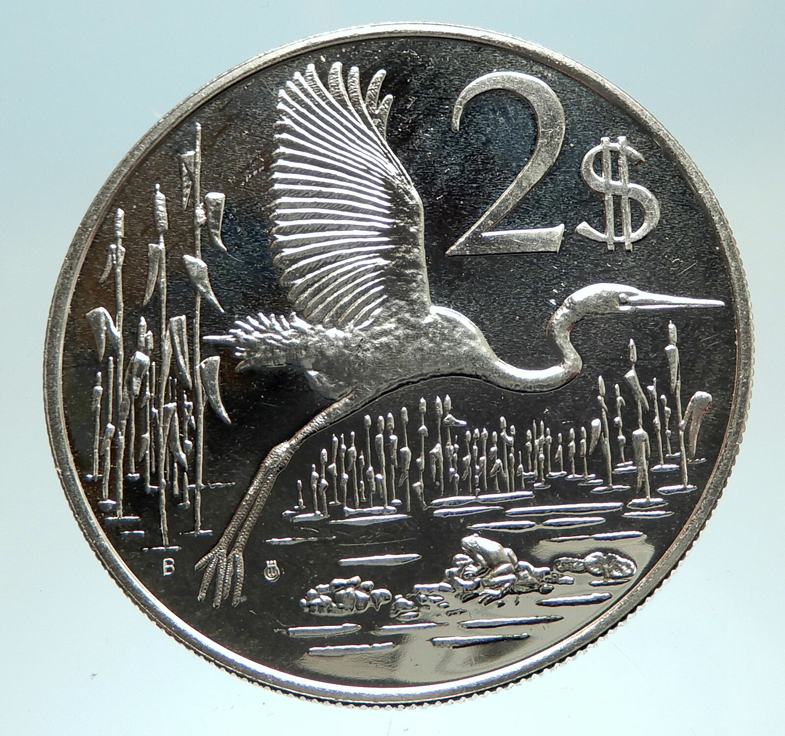 1972 CAYMAN ISLANDS 4.0cm Proof Silver $2 Coin GREAT BLUE HERON BIRD i76720