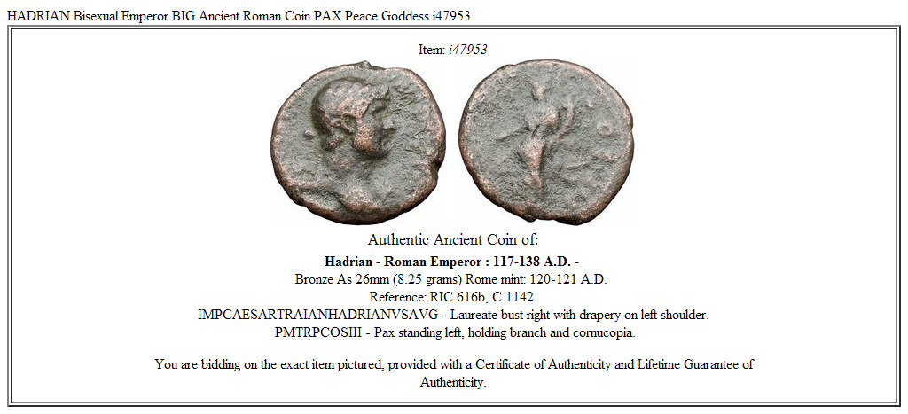 HADRIAN Bisexual Emperor BIG Ancient Roman Coin PAX Peace Goddess i47953