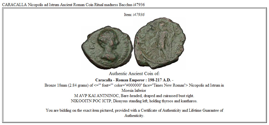 CARACALLA Nicopolis ad Istrum Ancient Roman Coin Ritual madness Bacchus i47936