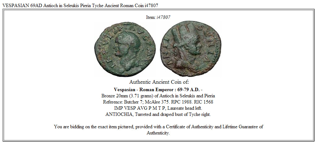 VESPASIAN 69AD Antioch in Seleukis Pieria Tyche Ancient Roman Coin i47807