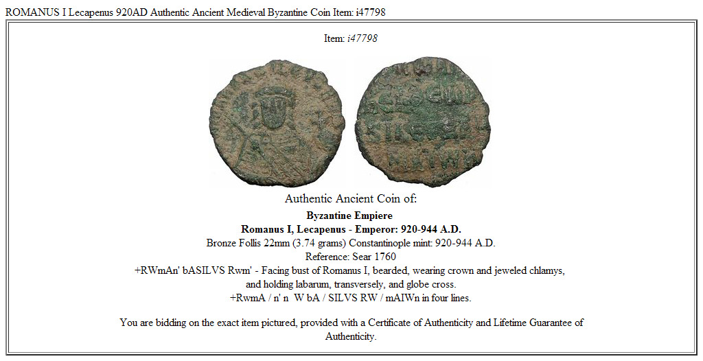 ROMANUS I Lecapenus 920AD Authentic Ancient Medieval Byzantine Coin Item: i47798