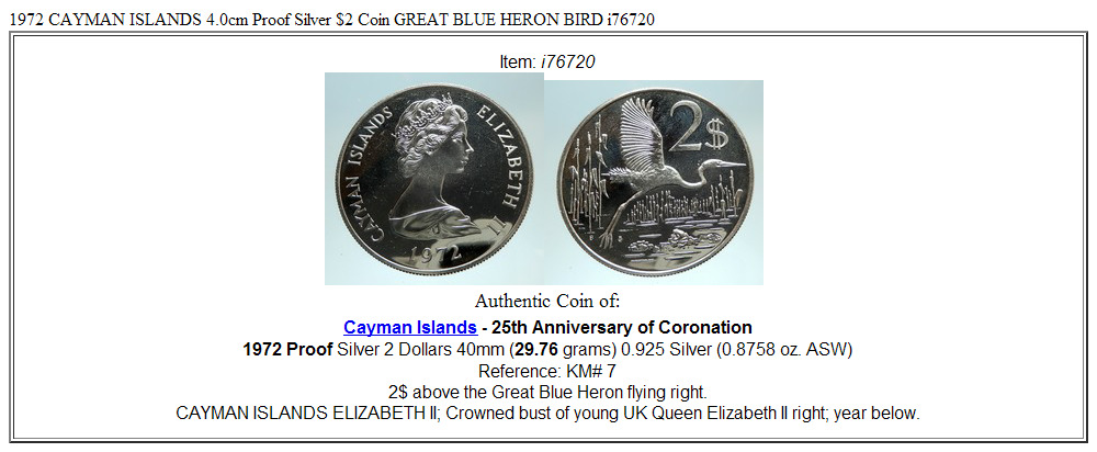 1972 CAYMAN ISLANDS 4.0cm Proof Silver $2 Coin GREAT BLUE HERON BIRD i76720