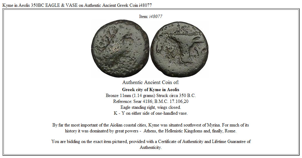 Kyme in Aeolis 350BC EAGLE & VASE on Authentic Ancient Greek Coin i48077