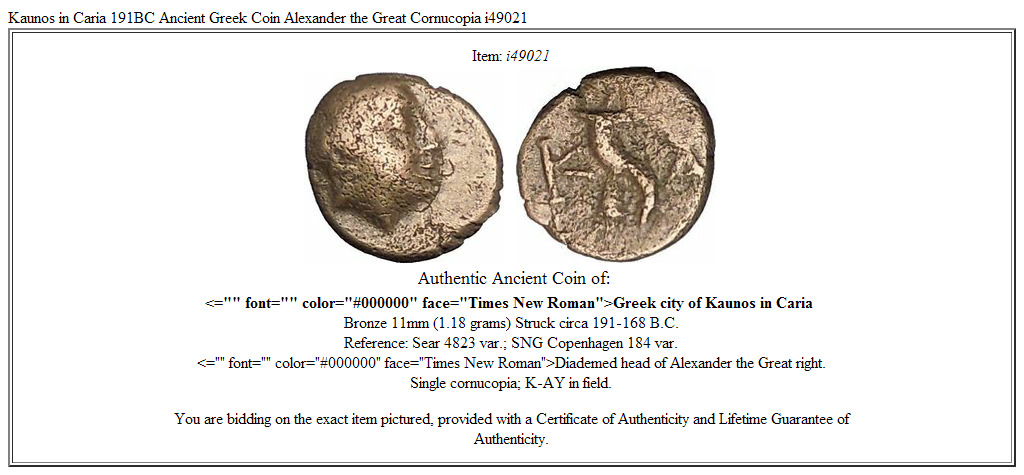 Kaunos in Caria 191BC Ancient Greek Coin Alexander the Great Cornucopia i49021