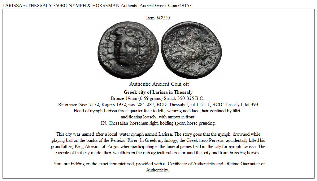 LARISSA in THESSALY 350BC NYMPH & HORSEMAN Authentic Ancient Greek Coin i49153
