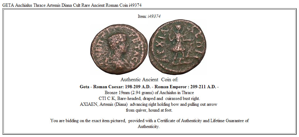 GETA Anchialus Thrace Artemis Diana Cult Rare Ancient Roman Coin i49374