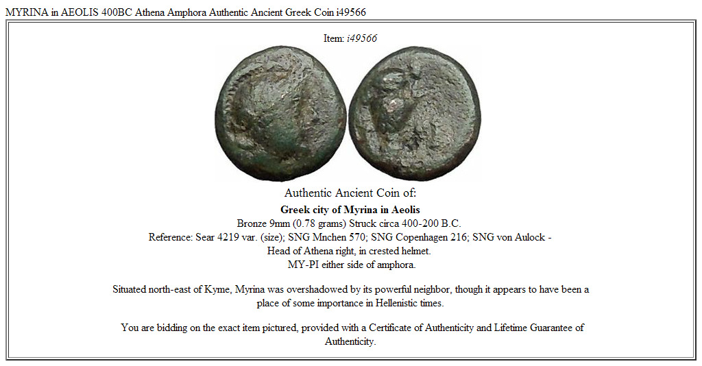 MYRINA in AEOLIS 400BC Athena Amphora Authentic Ancient Greek Coin i49566