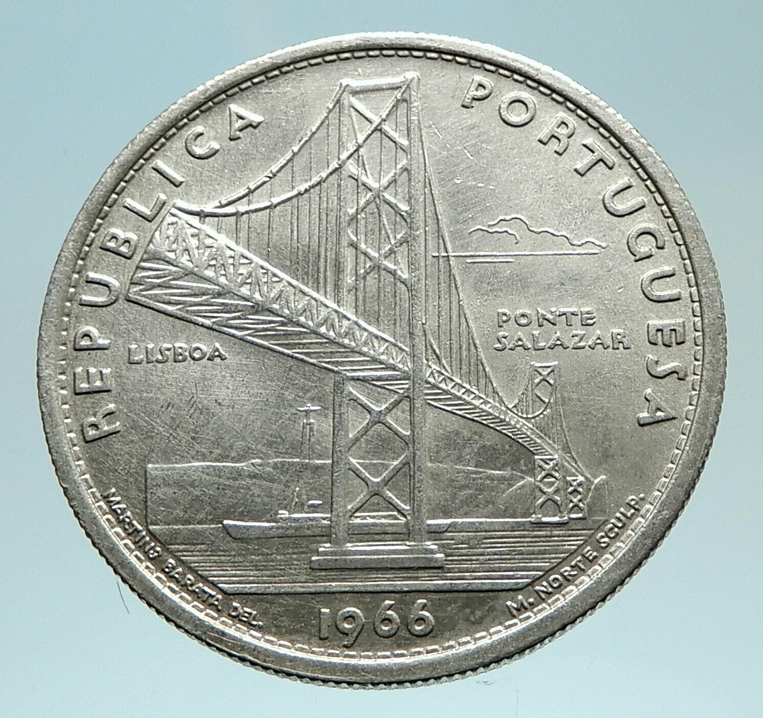 1966 PORTUGAL w Opening of SALAZAR BRIDGE Genuine Silver 20 Escudos Coin i76200