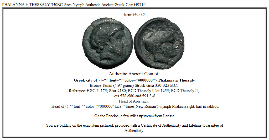 PHALANNA in THESSALY 350BC Ares Nymph Authentic Ancient Greek Coin i49210