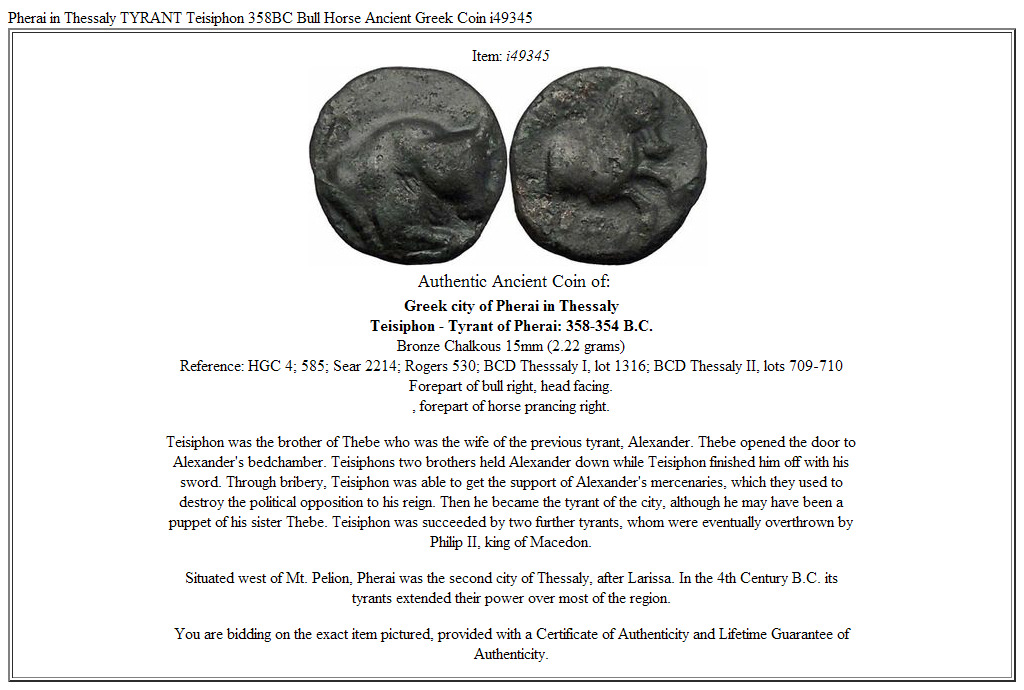 Pherai in Thessaly TYRANT Teisiphon 358BC Bull Horse Ancient Greek Coin i49345