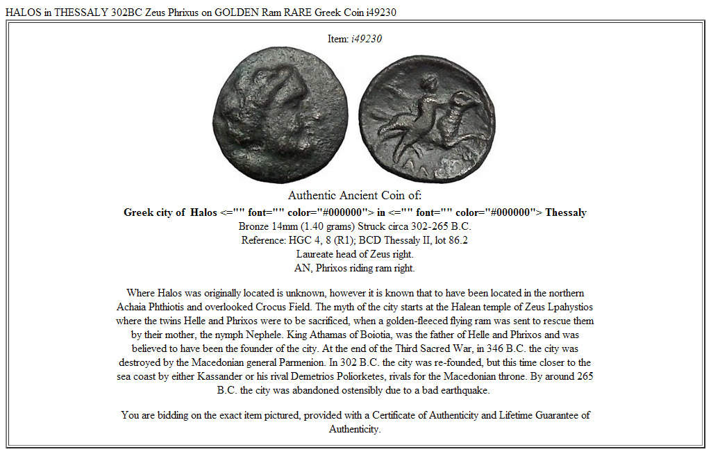 HALOS in THESSALY 302BC Zeus Phrixus on GOLDEN Ram RARE Greek Coin i49230