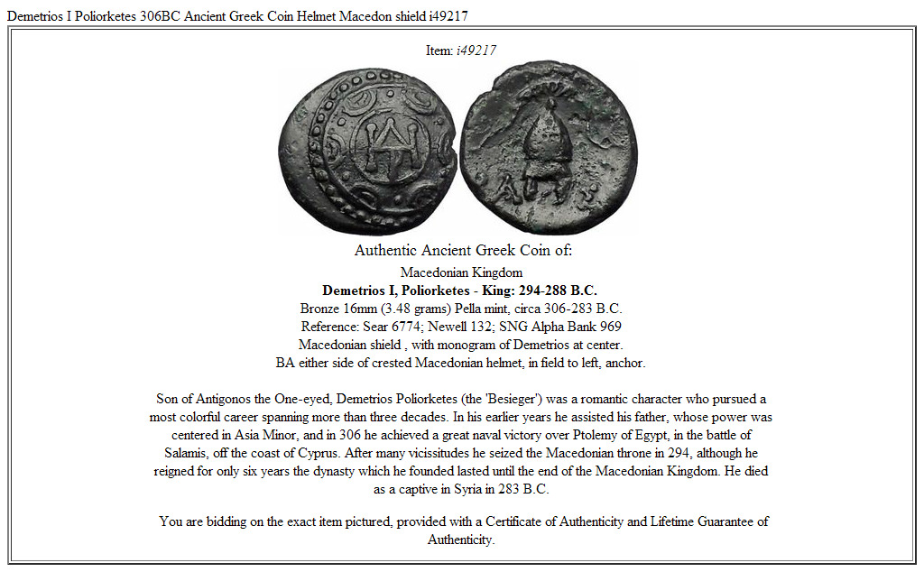 Demetrios I Poliorketes 306BC Ancient Greek Coin Helmet Macedon shield i49217