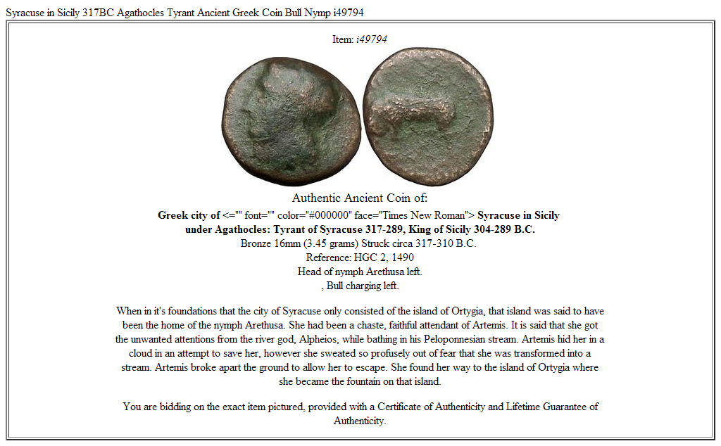 Syracuse in Sicily 317BC Agathocles Tyrant Ancient Greek Coin Bull Nymp i49794