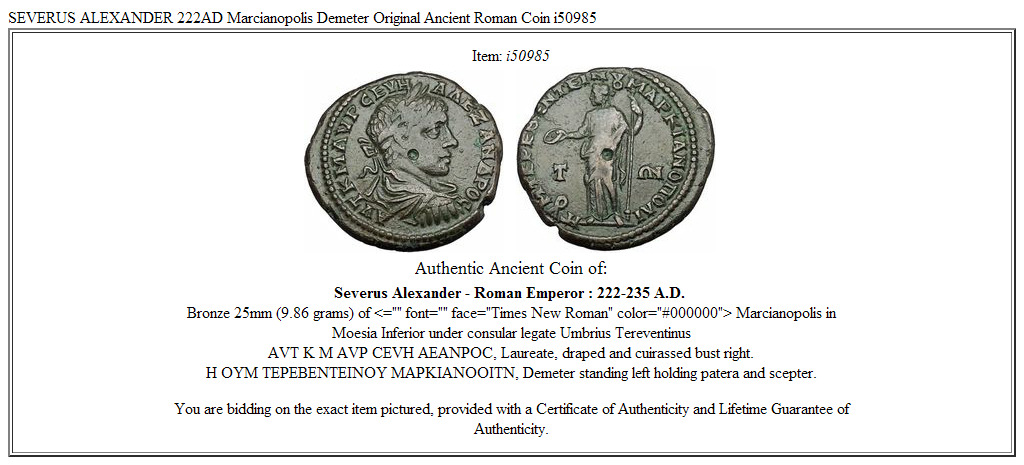 SEVERUS ALEXANDER 222AD Marcianopolis Demeter Original Ancient Roman Coin i50985