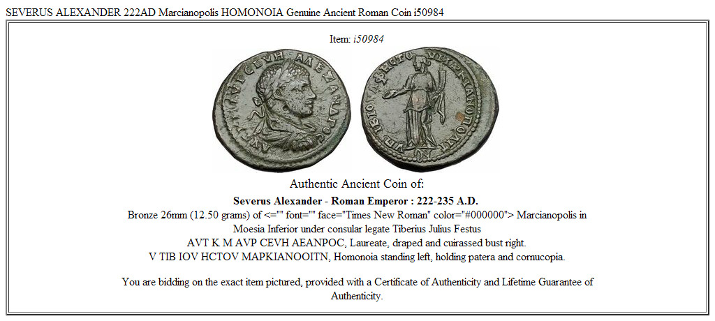 SEVERUS ALEXANDER 222AD Marcianopolis HOMONOIA Genuine Ancient Roman Coin i50984